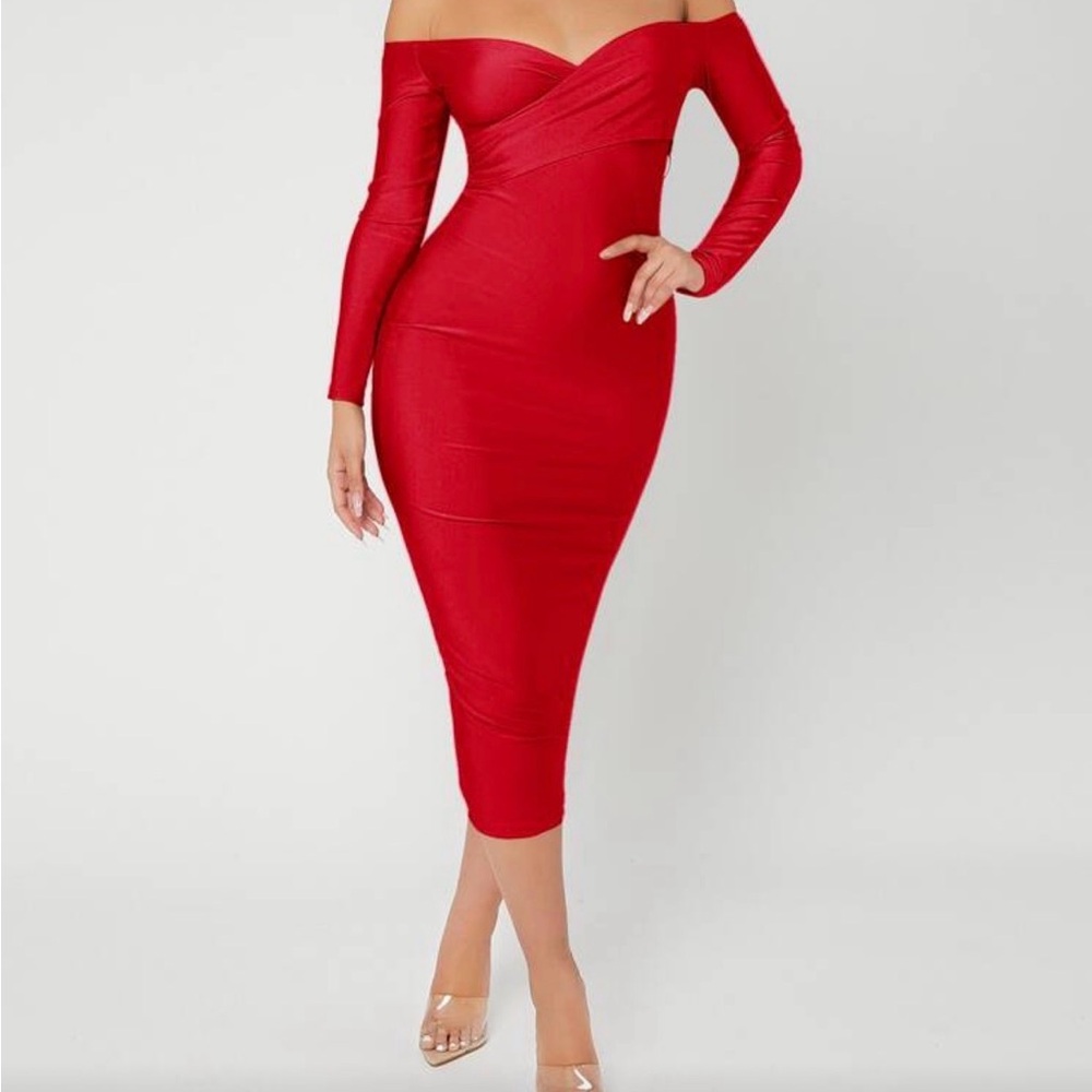 SHEIN Red Long Sleeve Off-Shoulder Dress